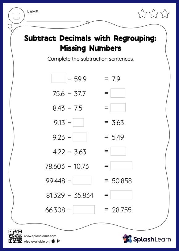 Subtract Decimals with Regrouping Missing Numbers Math Worksheets