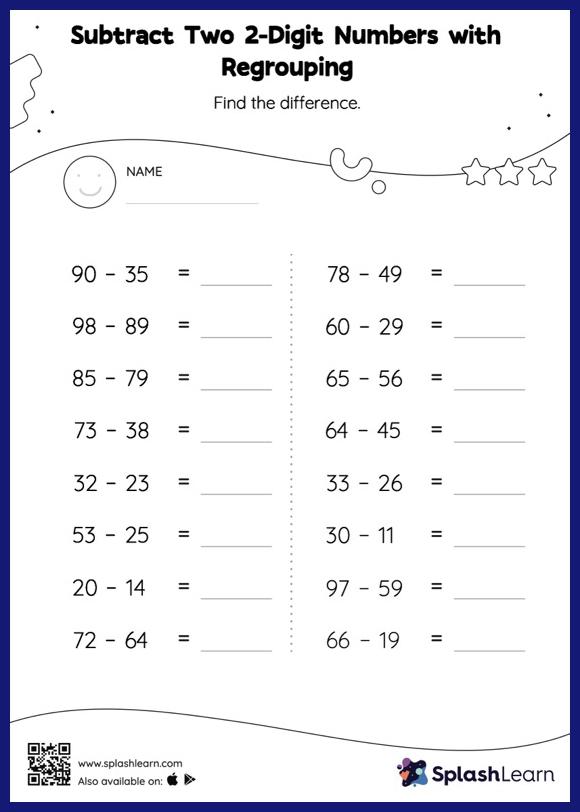 2-Digit Subtraction With Regrouping Worksheets - Free & Printable