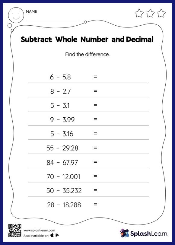 Subtract Whole Number and Decimal Horizontal Subtraction Math