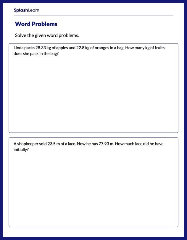 Decimal Addition Word Problems Worksheets - Free & Printable | SplashLearn
