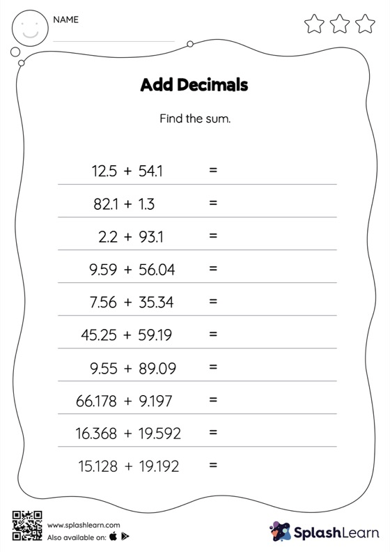 Add Decimals: Horizontal Addition Worksheet