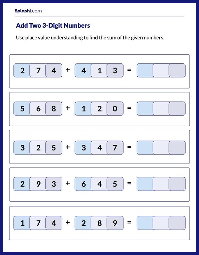 Adding Two 3-Digit Numbers Worksheet