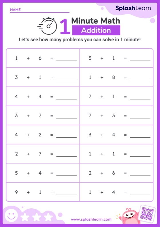 Basic Addition Problems within 10: Horizontal Timed Practice - Worksheet