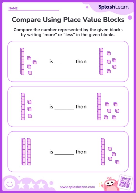 Compare Place Value Blocks Using More or Less within 20 - Worksheet