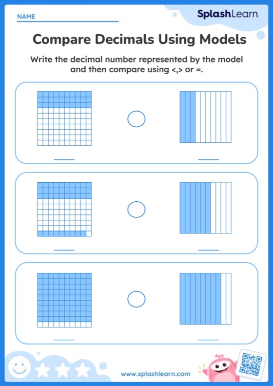 Compare Tenths and Hundredths Using Decimal Grid — Printable Math Worksheet