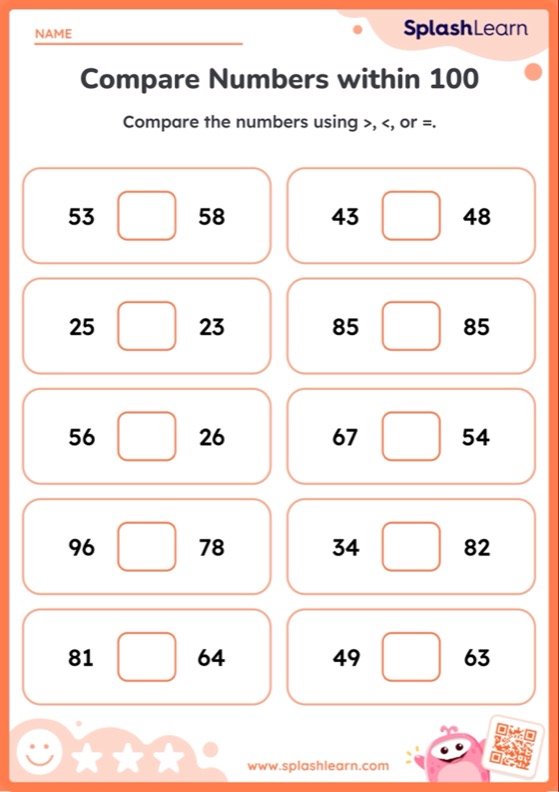 Comparing Numbers within 100 Using Symbols - Worksheet