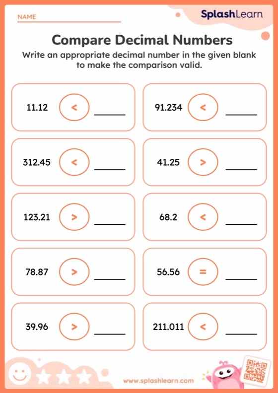 Comparing Decimal Place Value Worksheet
