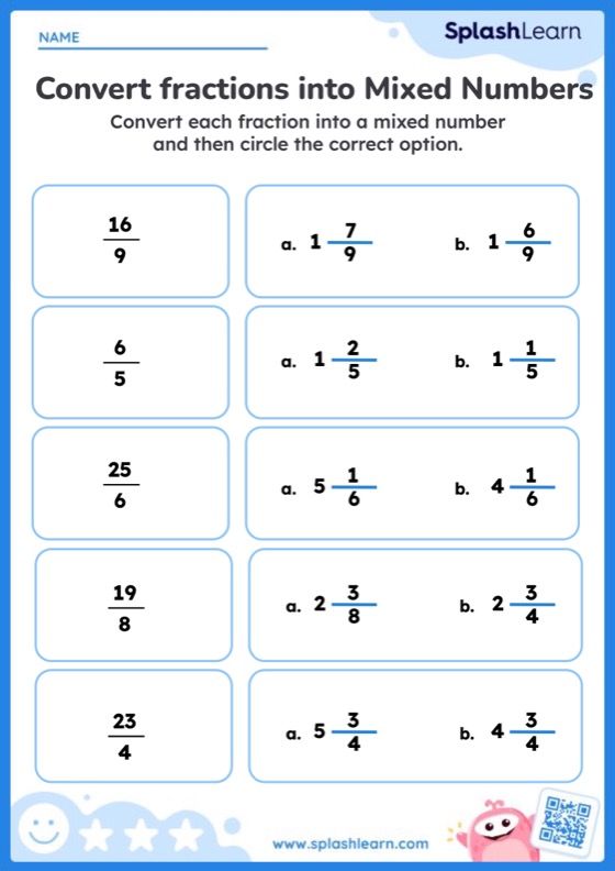 Convert Fractions into Mixed Numbers - Worksheet