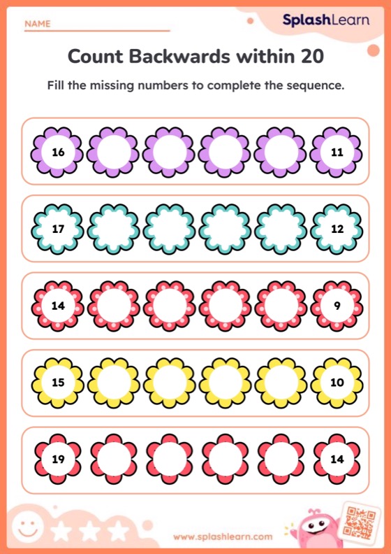 Count Backwards within 20 with Flowers - Worksheet