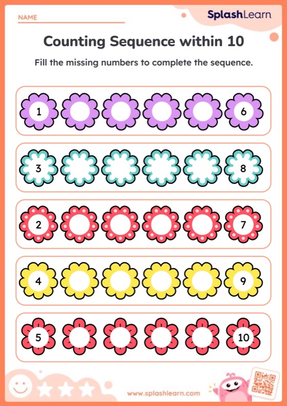 Counting Sequence within 10 with Flowers - Worksheet