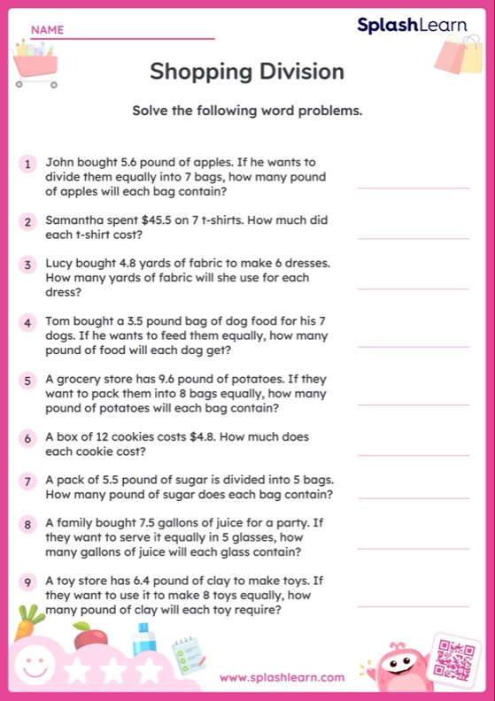 Divide Decimal Numbers by Whole Numbers: Shopping Word Problems - Worksheet