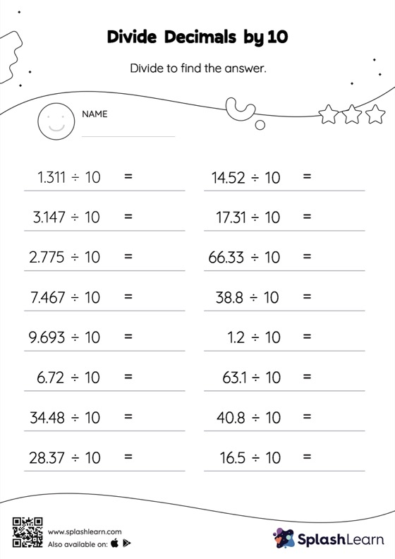 Divide Decimals by 10 Horizontal Division Worksheet