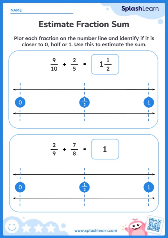 Estimate Fraction Sum Using Number Line - Worksheet