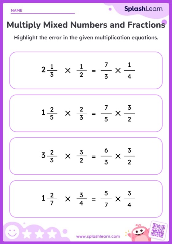 Highlight Error in Fraction and Mixed Number Multiplication - Worksheet