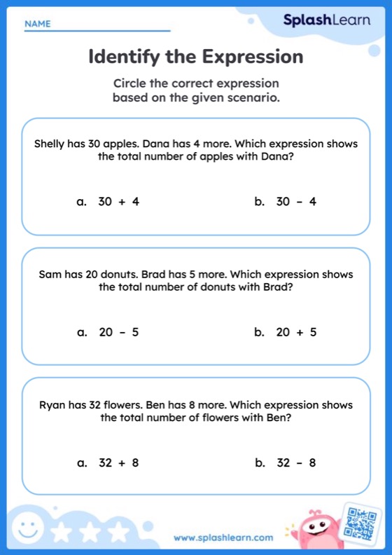 Identify the Correct Expression for the Addition Scenario - Worksheet