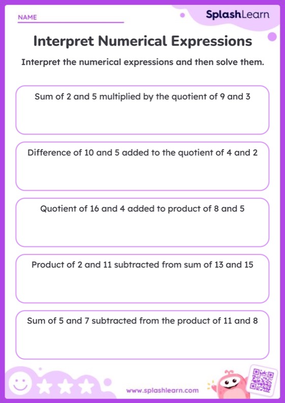 Interpret Numerical Expression and Solve - Worksheet
