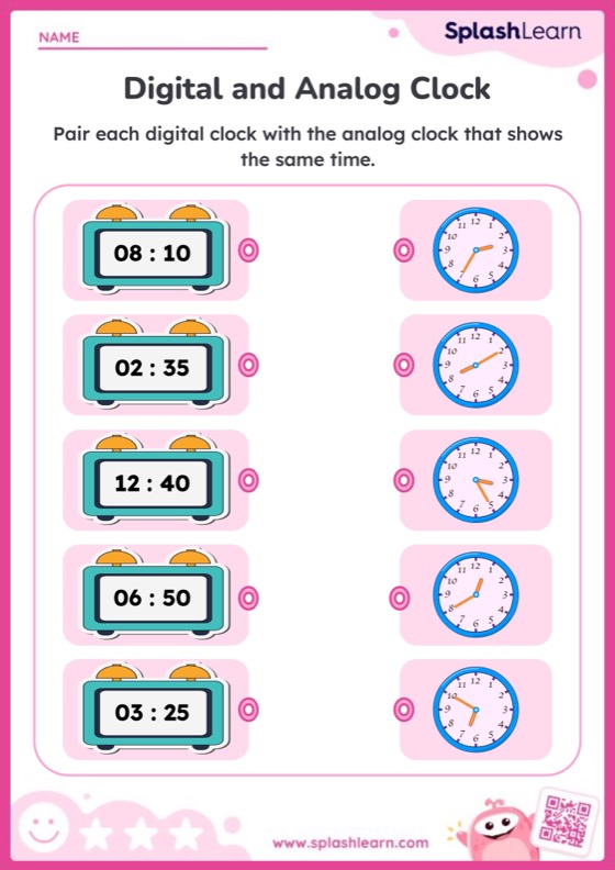 Matching Time to Nearest 5 Minutes on Digital and Analog Clock - Worksheet