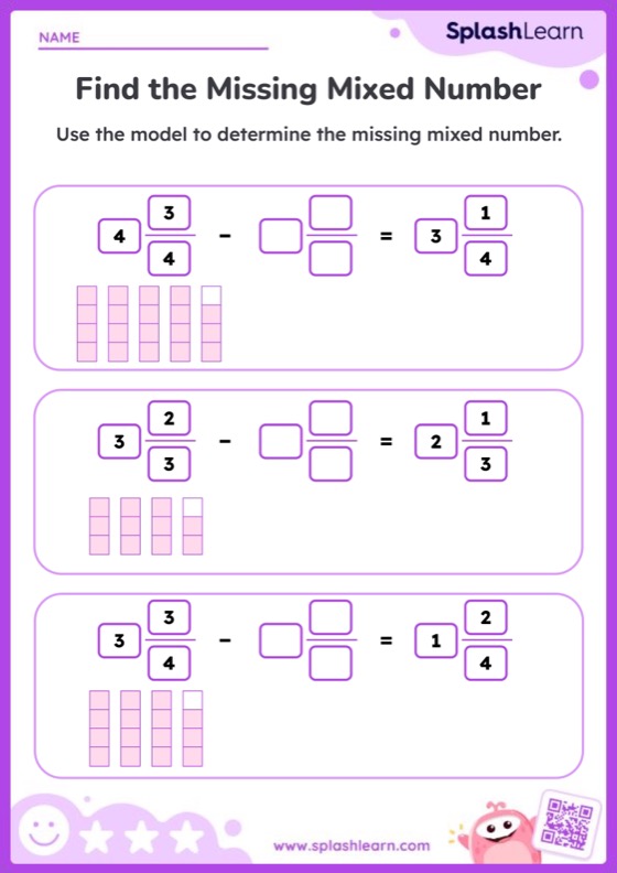 Missing Numbers in Mixed Number Subtraction - Worksheet