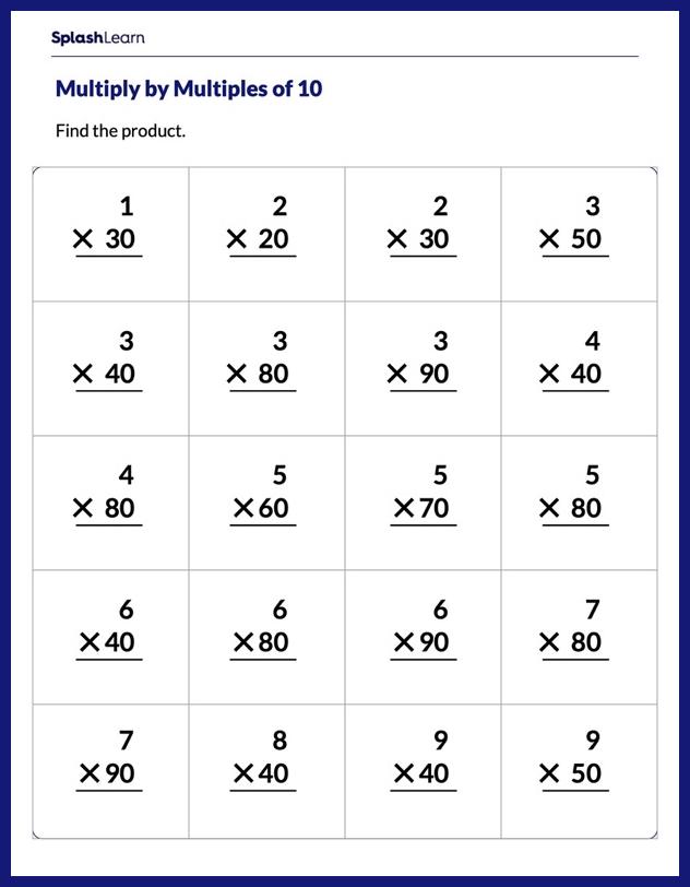 Multiply One-Digit Numbers by Multiples of 10 Worksheet