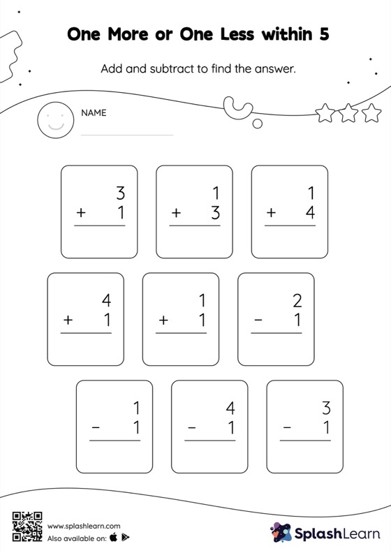 One More or One Less within 5: Vertical Addition and Subtraction Worksheet