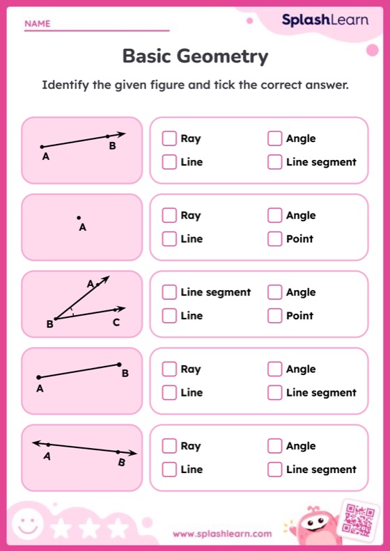 Recognize Points, Lines, Line Segments, Rays, Angles - Worksheet