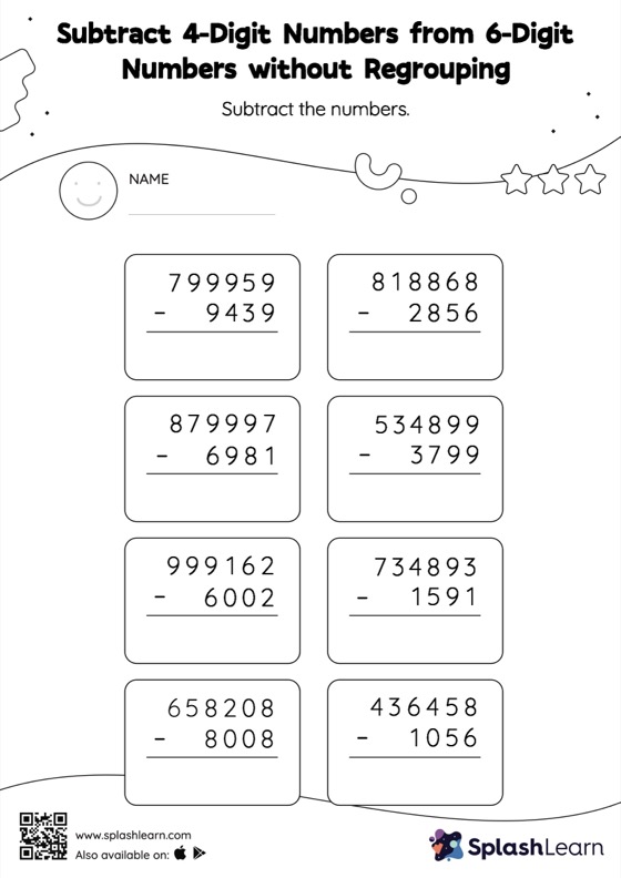 Subtract 4-Digit Numbers from 6-Digit Numbers without Regrouping