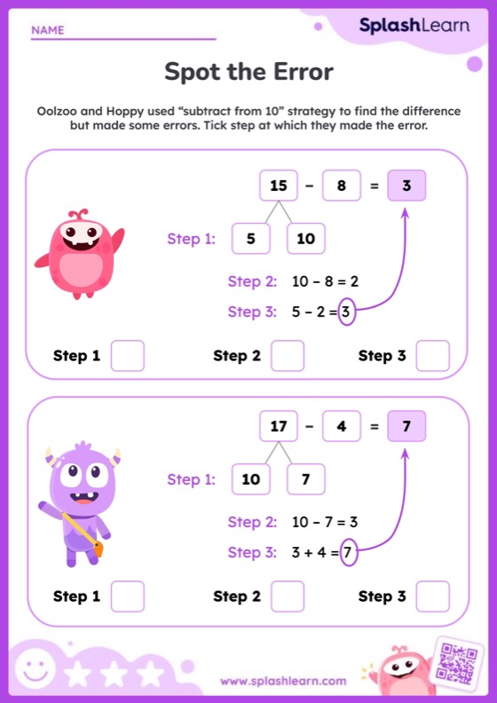 Subtract From 10 - Spot the Error in the Solution - Worksheet