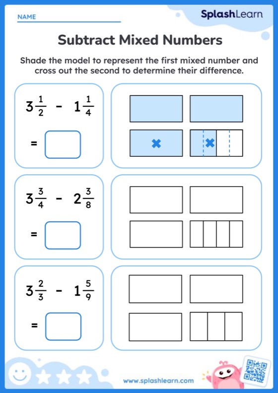 Year 5 Maths: Subtract Mixed Numbers Worksheets- Free Printable