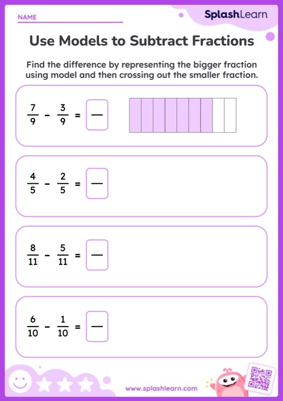 Subtract Proper Like Fractions Using Bar Model - Worksheet