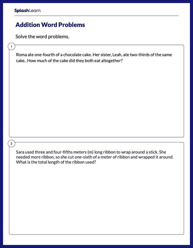 Word Problems on Adding Fractions Worksheet
