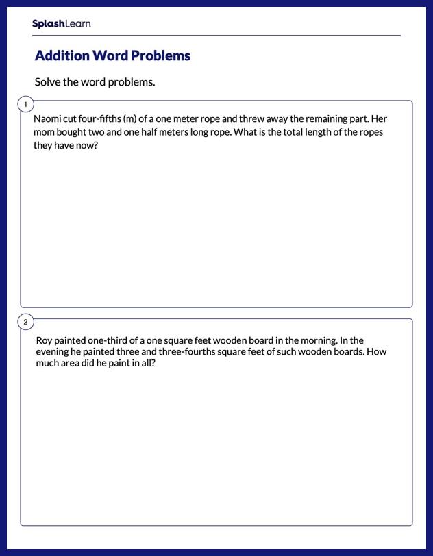 Word Problems on Fraction Addition Worksheet