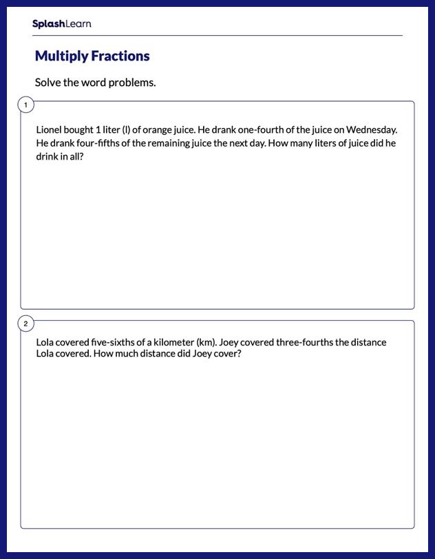Word Problems on Multiplying Fractions Worksheet