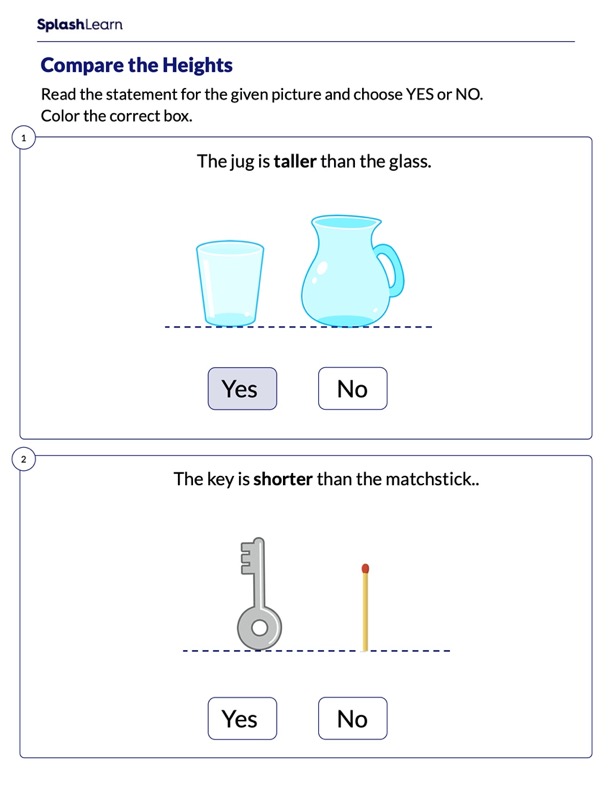 Comparing Heights of Objects Math Worksheets SplashLearn