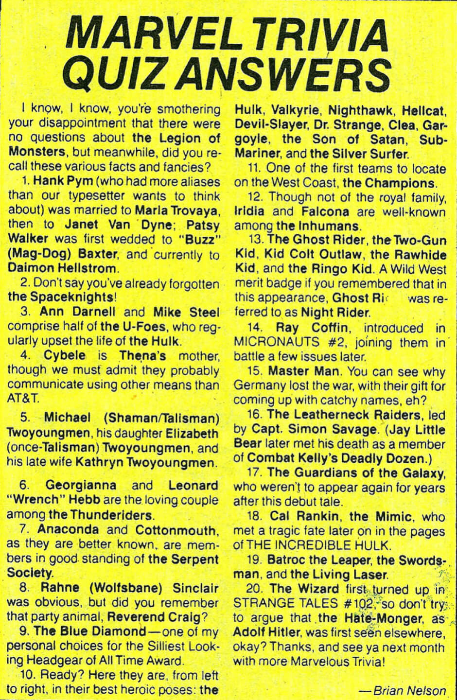 MARVEL TRIVIA QUIZ 1988 Berkeley Place