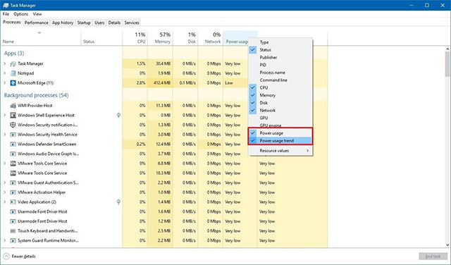 How to view the application's energy usage with Task