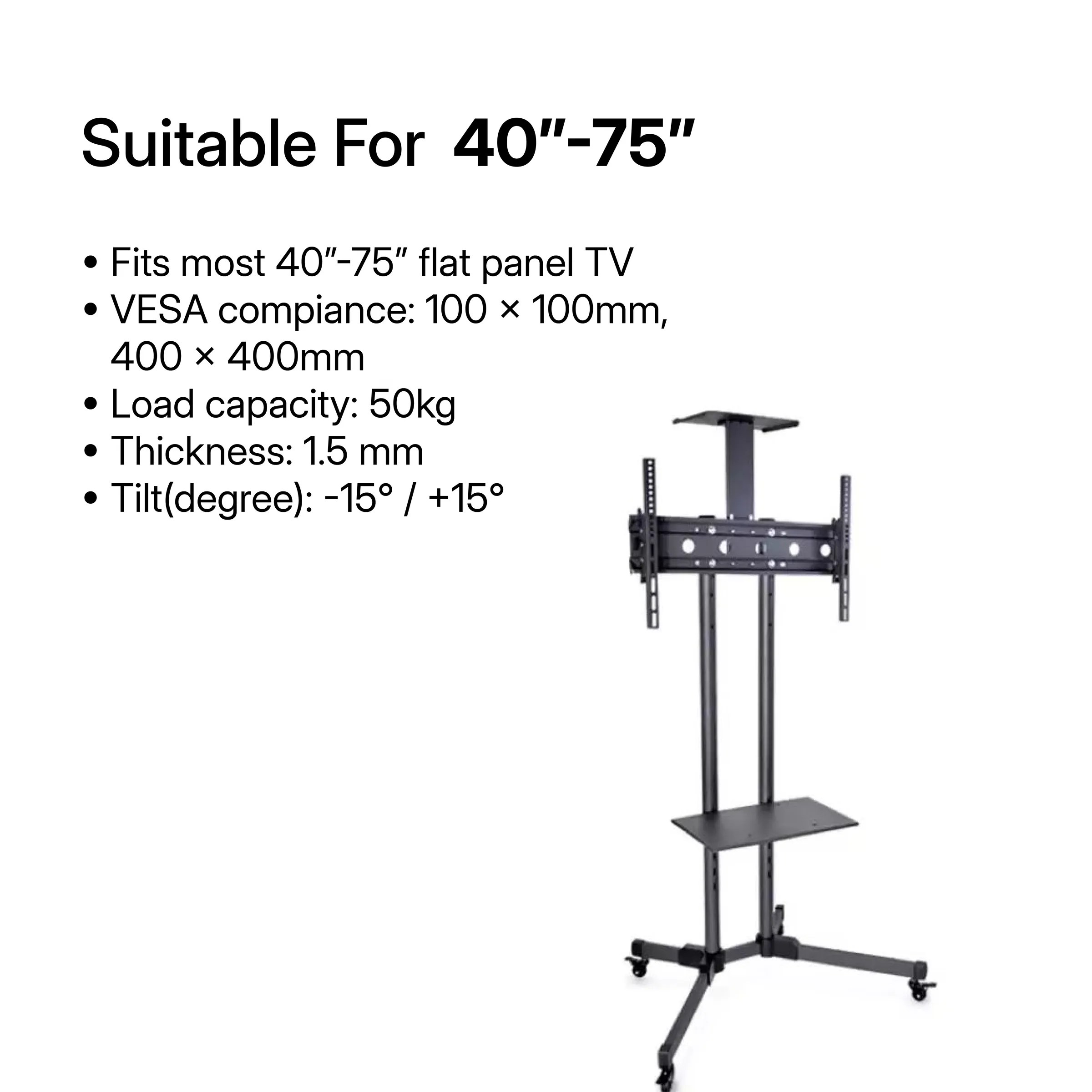 MasterD Portable Mobile TV Trolley Bracket Stand Movable 40" to 75