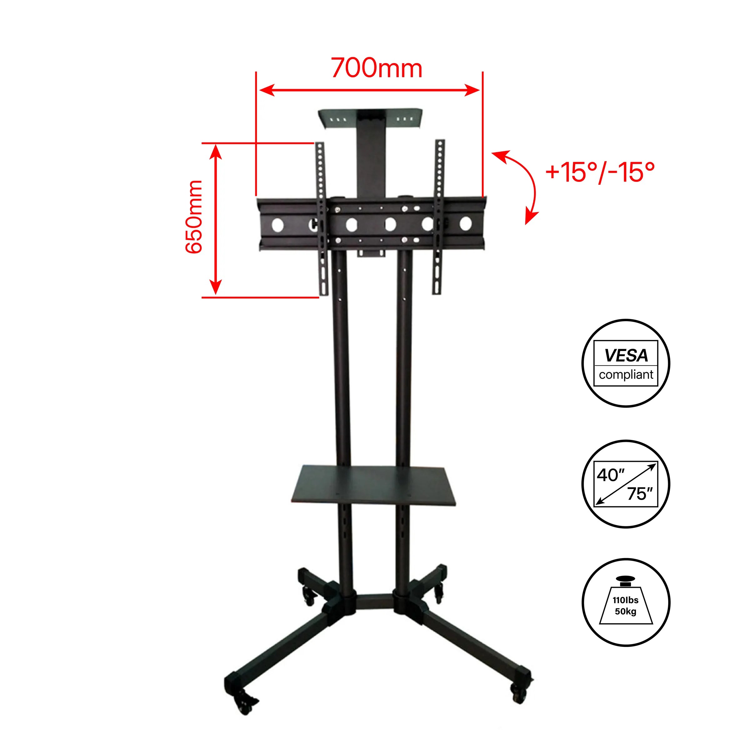 MasterD Portable Mobile TV Trolley Bracket Stand Movable 40" to 75