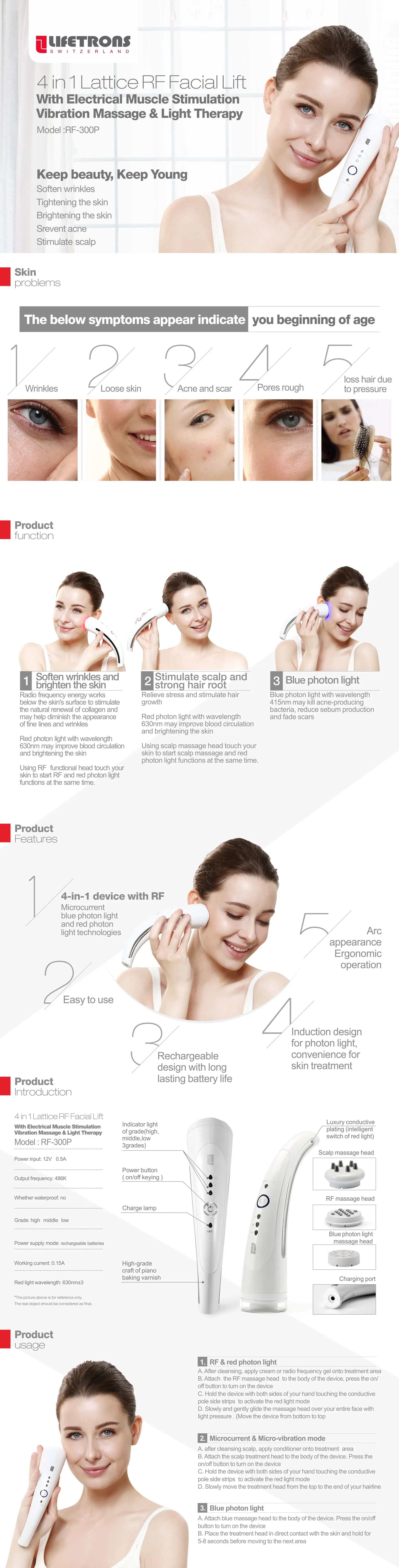 Lifetrons 4In1 Lattice RF Facial Lift with EMS & Light Therapy (RF