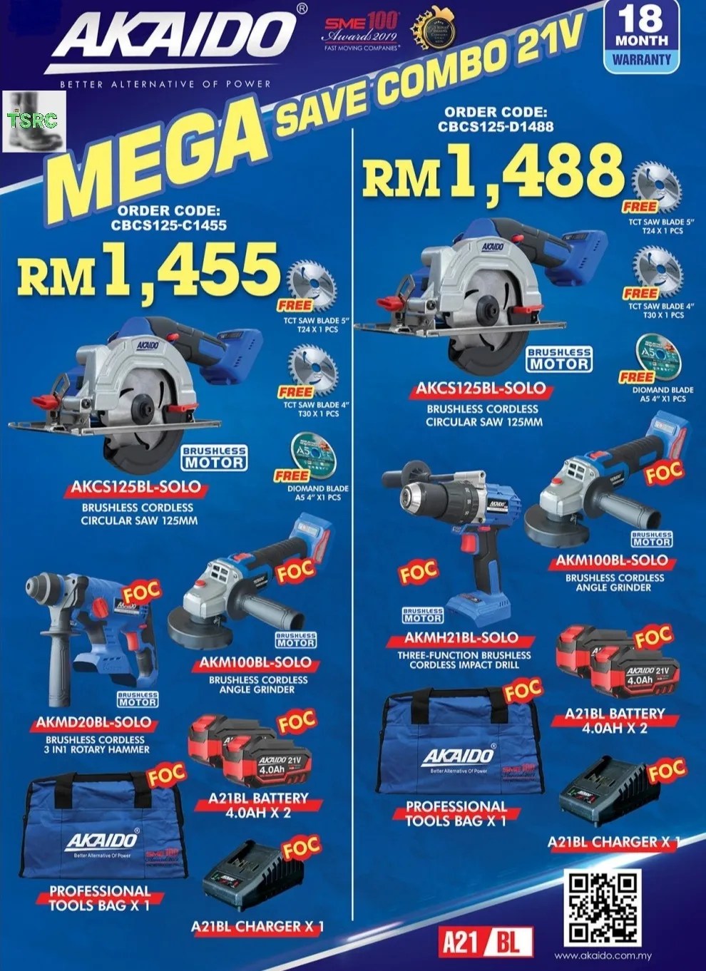 AKAIDO AKCS125BL ( MEGA COMBO SET ) 21V Brushless ( 5"/125mm ) Cordless