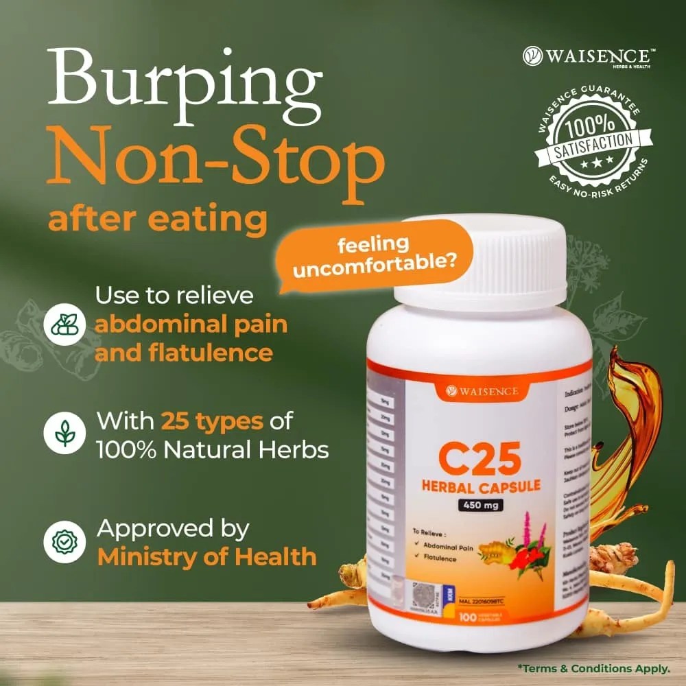 Waisence C25 450mg Herbal Capsules for Abdominal Pain & Flatulence 30
