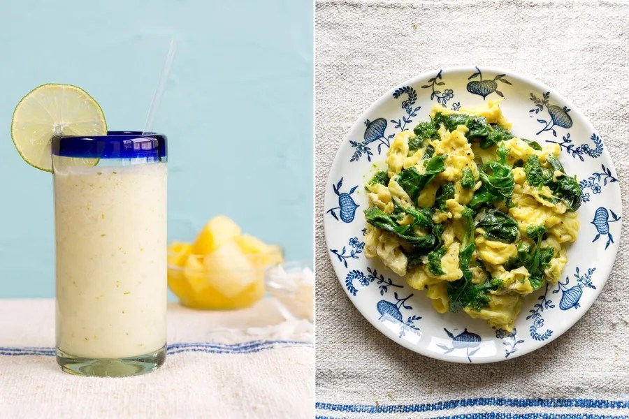 Pineapplecoconut smoothies & Kale scramble with chermoula Sunbasket