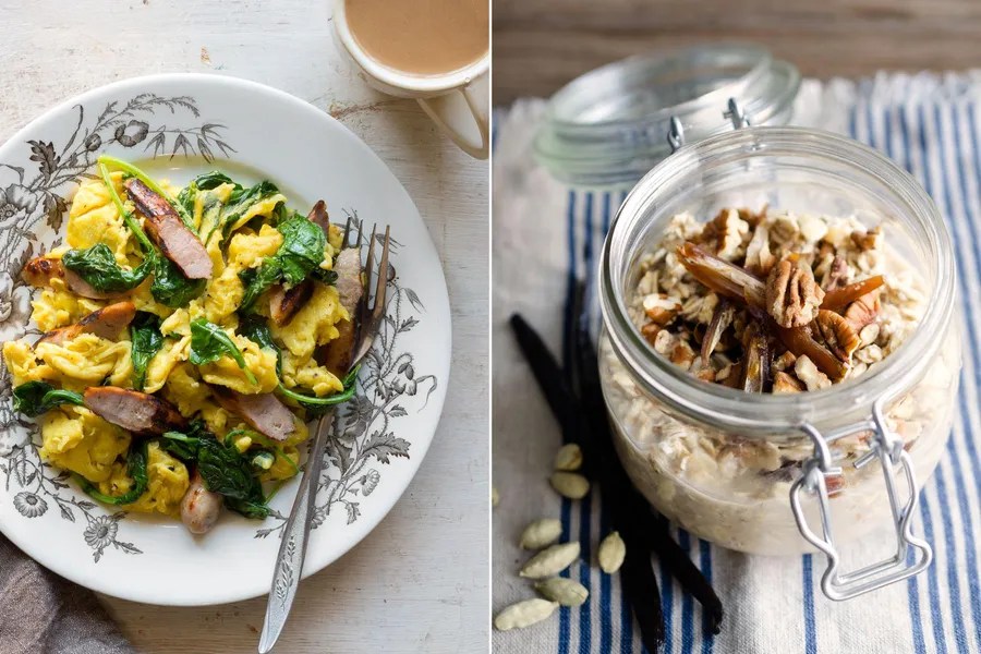 Two Breakfasts Sausagekale scramble & Overnight oats with dates