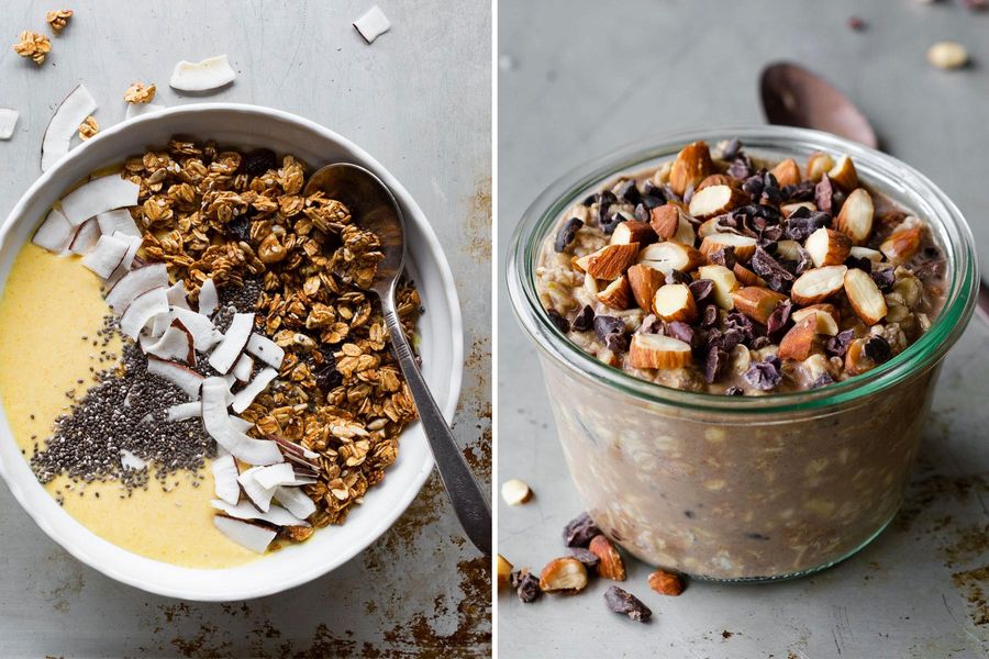 Two breakfasts Tropical smoothie bowls & Oaxacanchocolate overnight