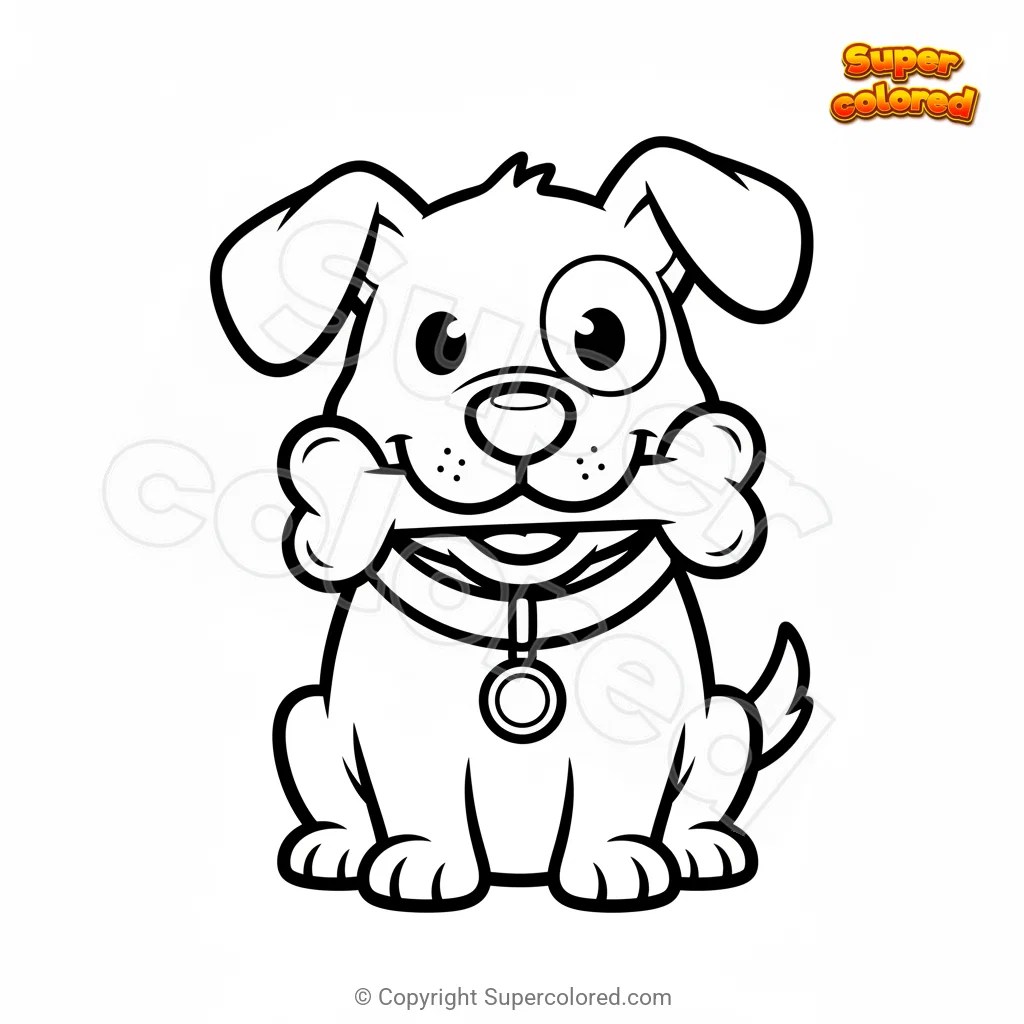 Ausmalbild Hund mit Knochen und Typenschild
