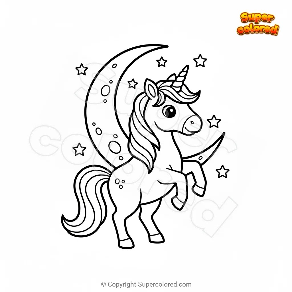 Ausmalbild Einhorn mit Mond