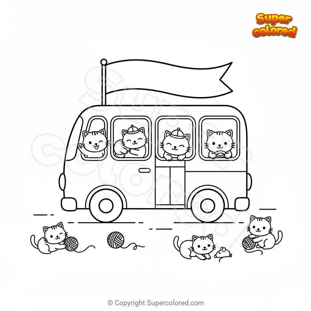 Ausmalbild Bus mit Kätzchen