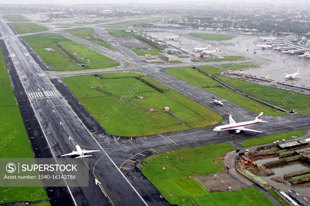 An aerial view runways and aircrafts at the Mumbai's Chhatrapati Shivaji Maharaj International