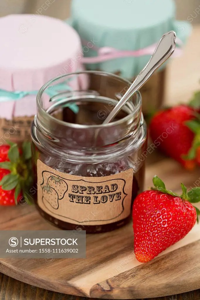 Strawberry jam, preserving jar, serving tray, SuperStock