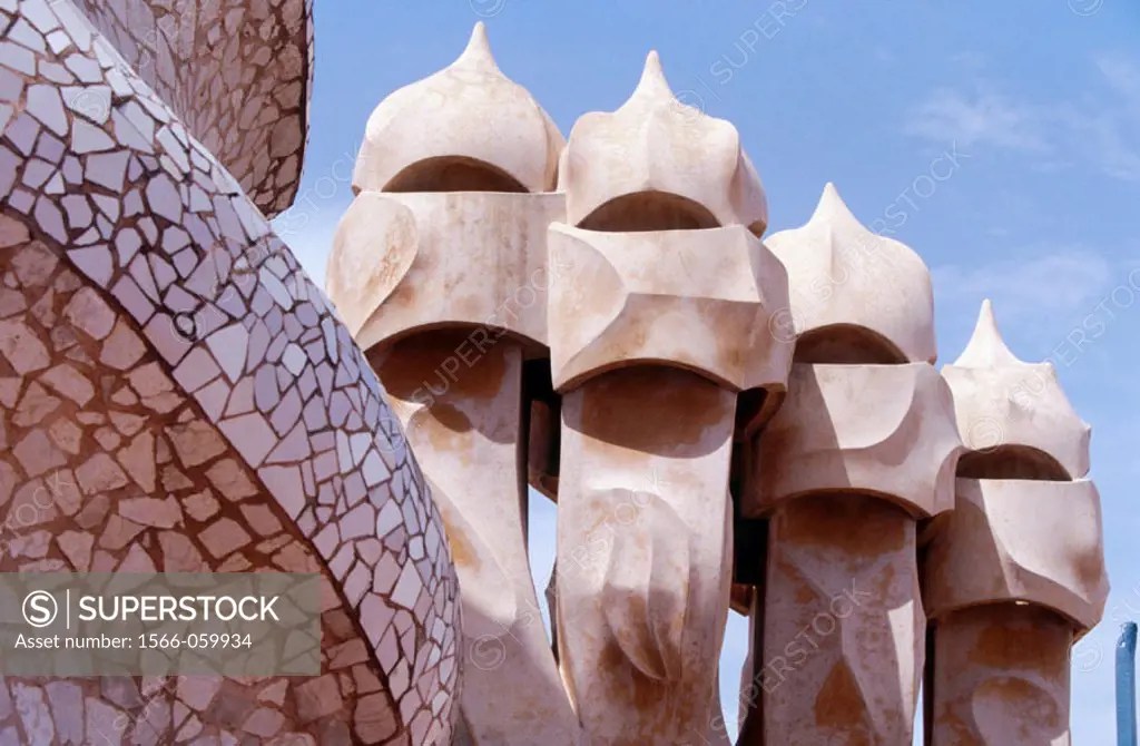 Detail of chimneys at roof terrace of Milà House (aka La Pedrera 1906