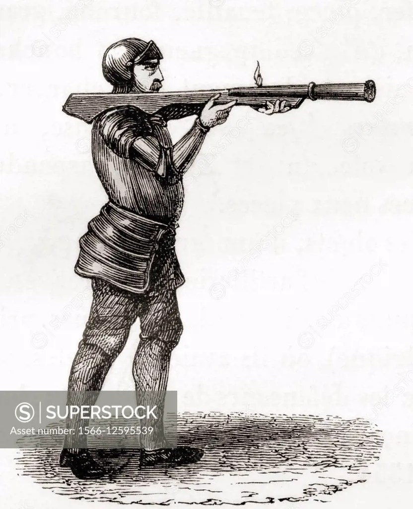 A foot soldier using a hand held bombard. Late 14th and 15th centuries